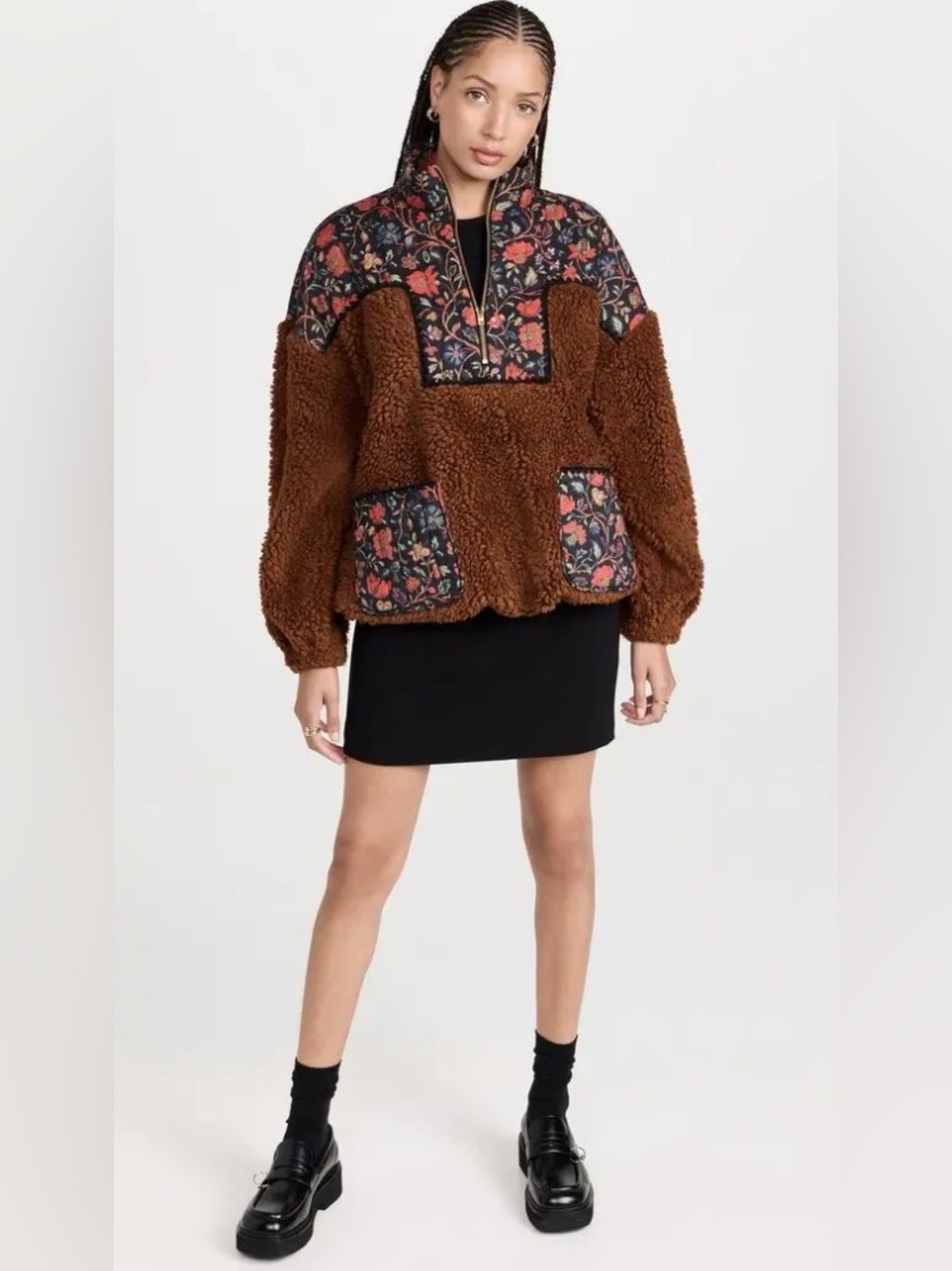 Rhode Cecilia Sherpa Fleece Pullover Walnut Brown Floral Size M